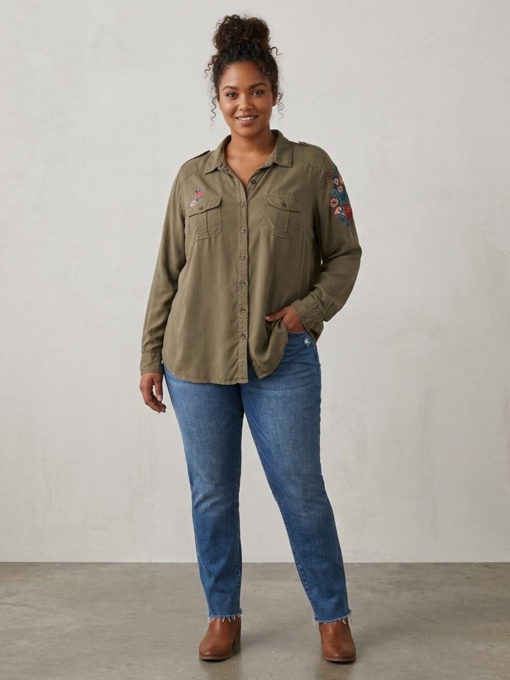 Torrid Olive Utility Shirt Floral Embroidered Military Button Down Top